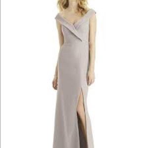 Dessy BB112 -off the shoulder Taupe bridesmaid dressy
